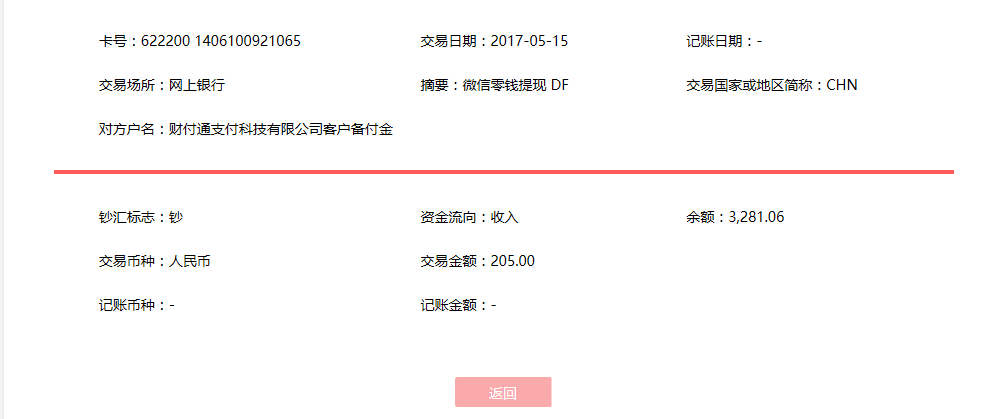 5月15日漳州客戶轉賬205元至微信賬戶